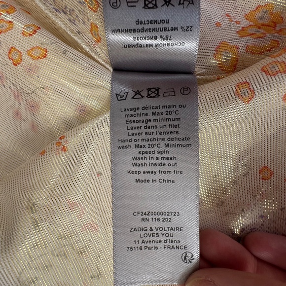 NWT Zadig & Voltaire Tioly Gold Lame Flowers Blouse Necktie Size XS 70s Boho - Picture 11 of 13